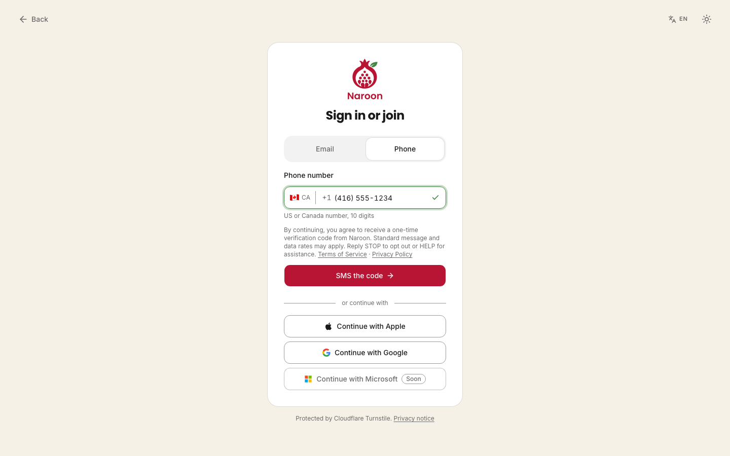 Naroon sign-in form showing the phone number field, the SMS the code button, and the SMS consent disclosure with Terms of Service and Privacy Policy links directly above it